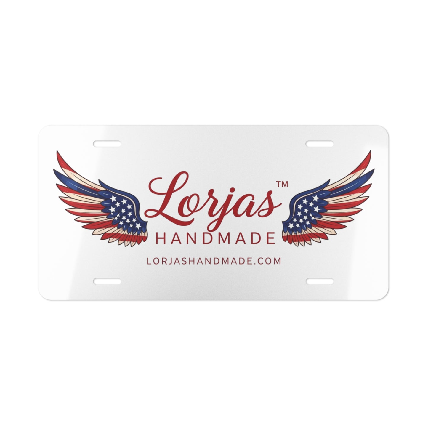 Vanity Plate - "Lorjas Handmade" American Flag Wings License Plate | Patriotic Decorative Plate for Cars, Gifts & Small Business Branding