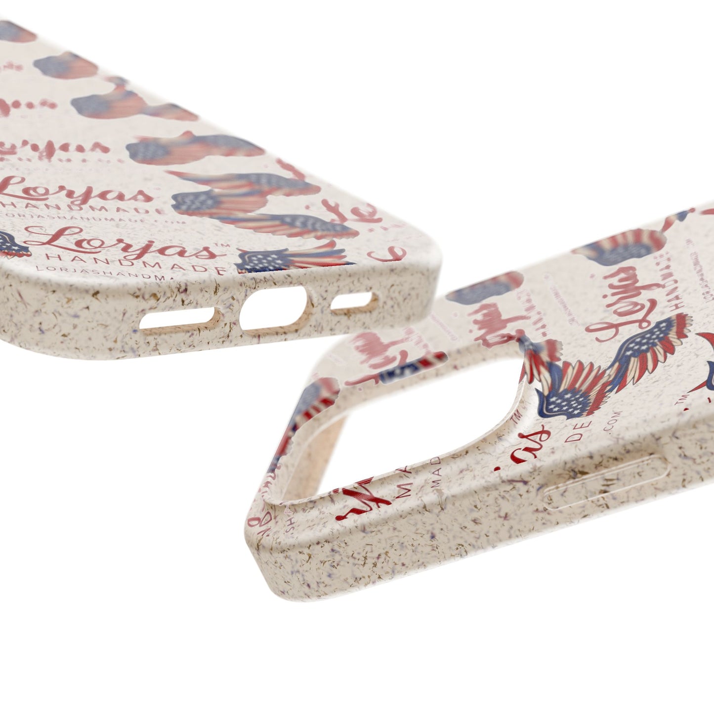 Close up of 2 smartphone cases and 'Lorjas' branding on a white background