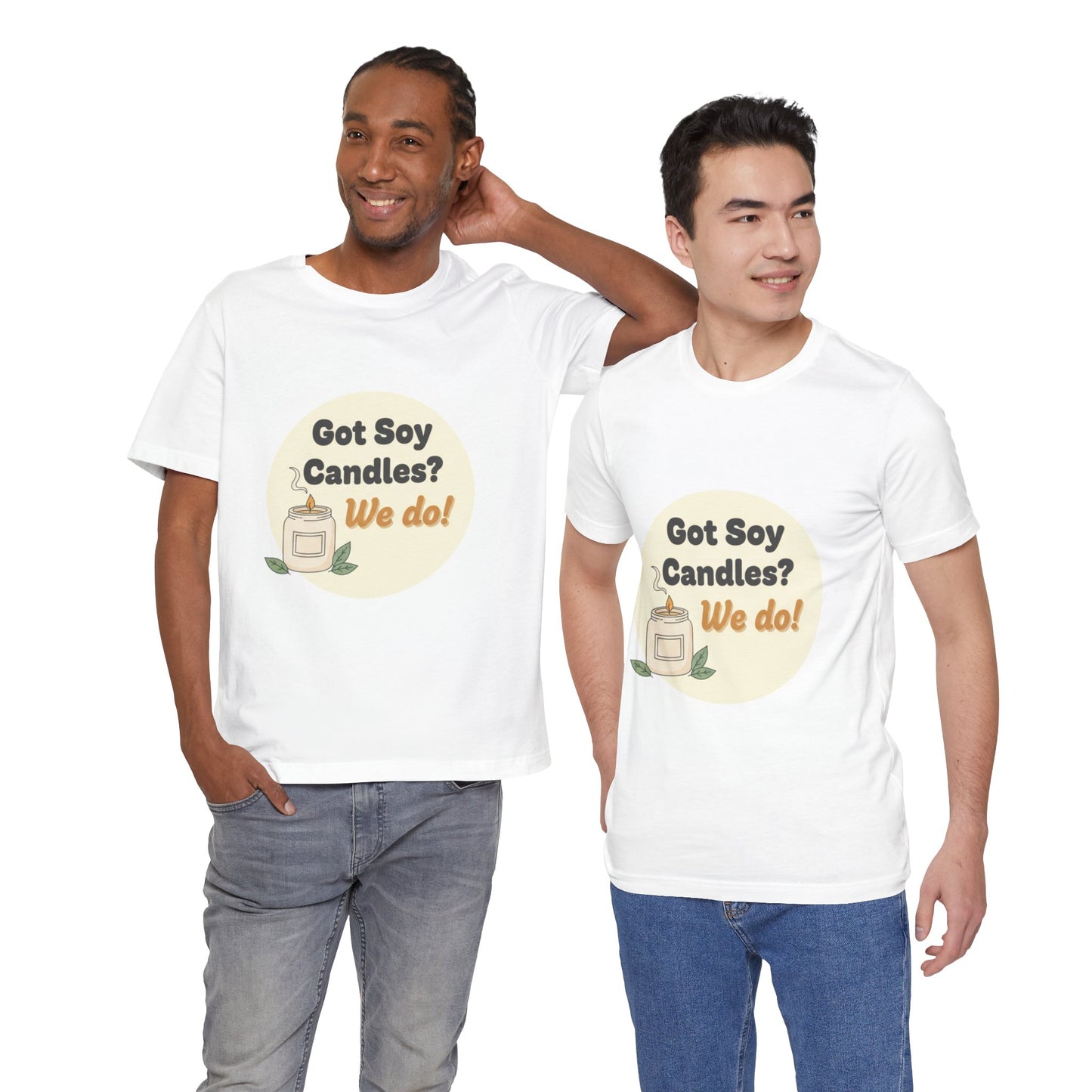 Two male models wearing white t-shirts with a soy candle-themed design on a white background