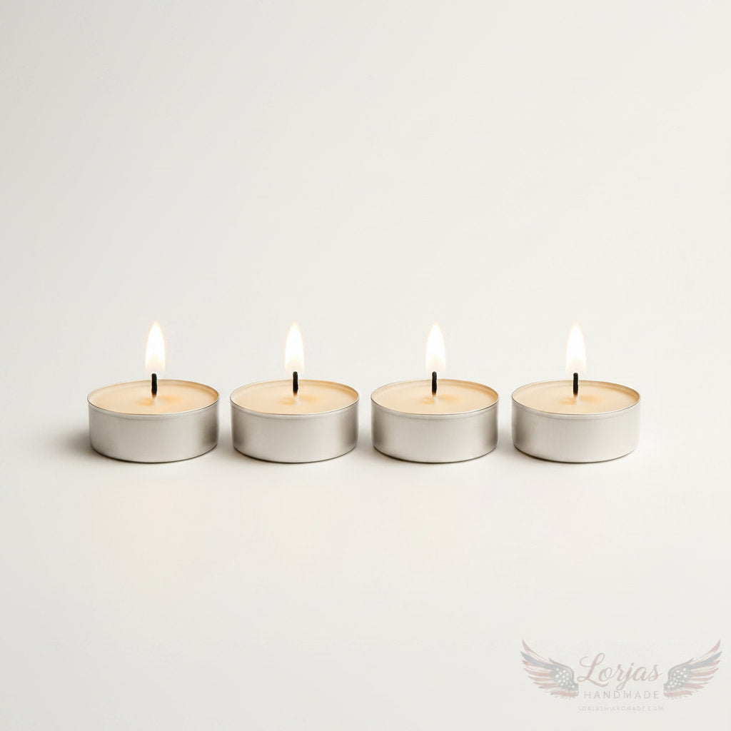 Four lit light beige LorJas handmade lightly scented soy tea lights in a row with a white background