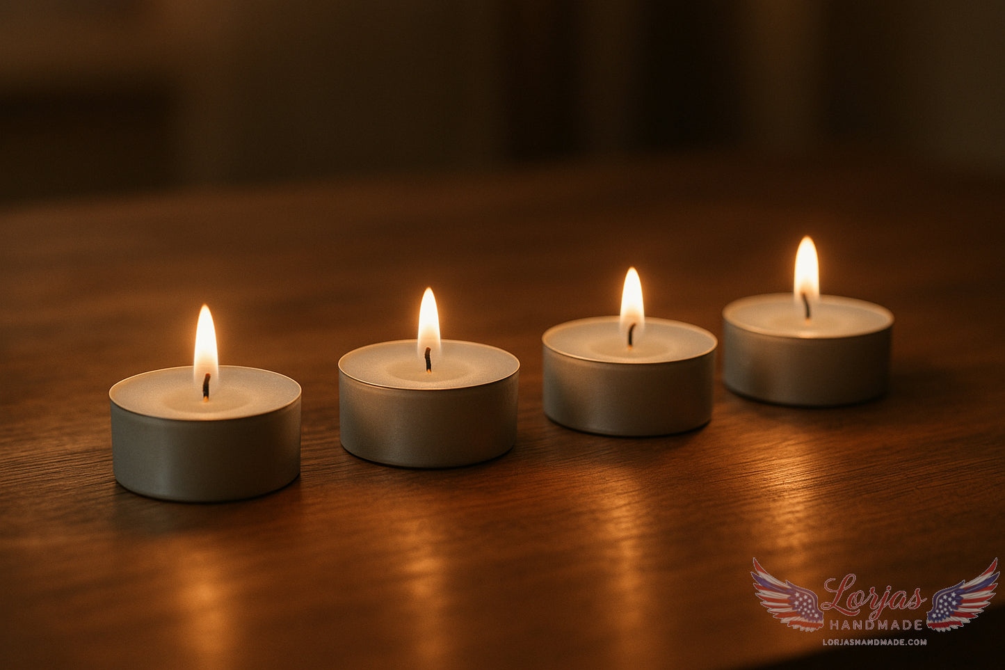 Four lit light blue-grey tealights on a woodgrain countertop with a warm ambient glow