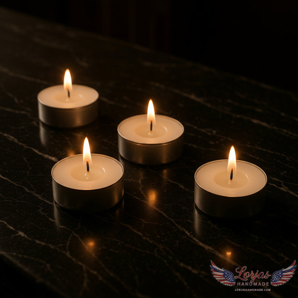 Four lit LorJas Handmade lightly scented soy tealight candles on a wooden surface with a visible brand logo.