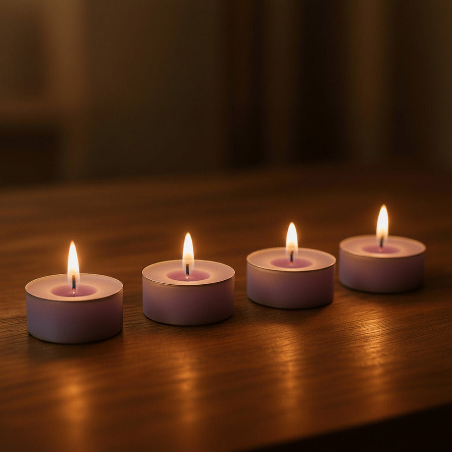 Four lit light purple LorJas Handmade lightly scented soy tealights with a warm ambient glow highlighting the detailed woodgrain surface they're on.