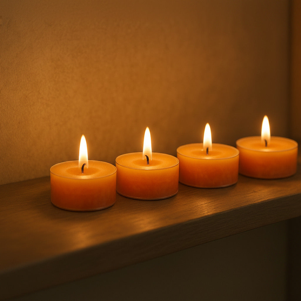 Four pleasantly lit LorJas Handmade lightly scented soy candles on wooden shelving with a warm ambient glow.