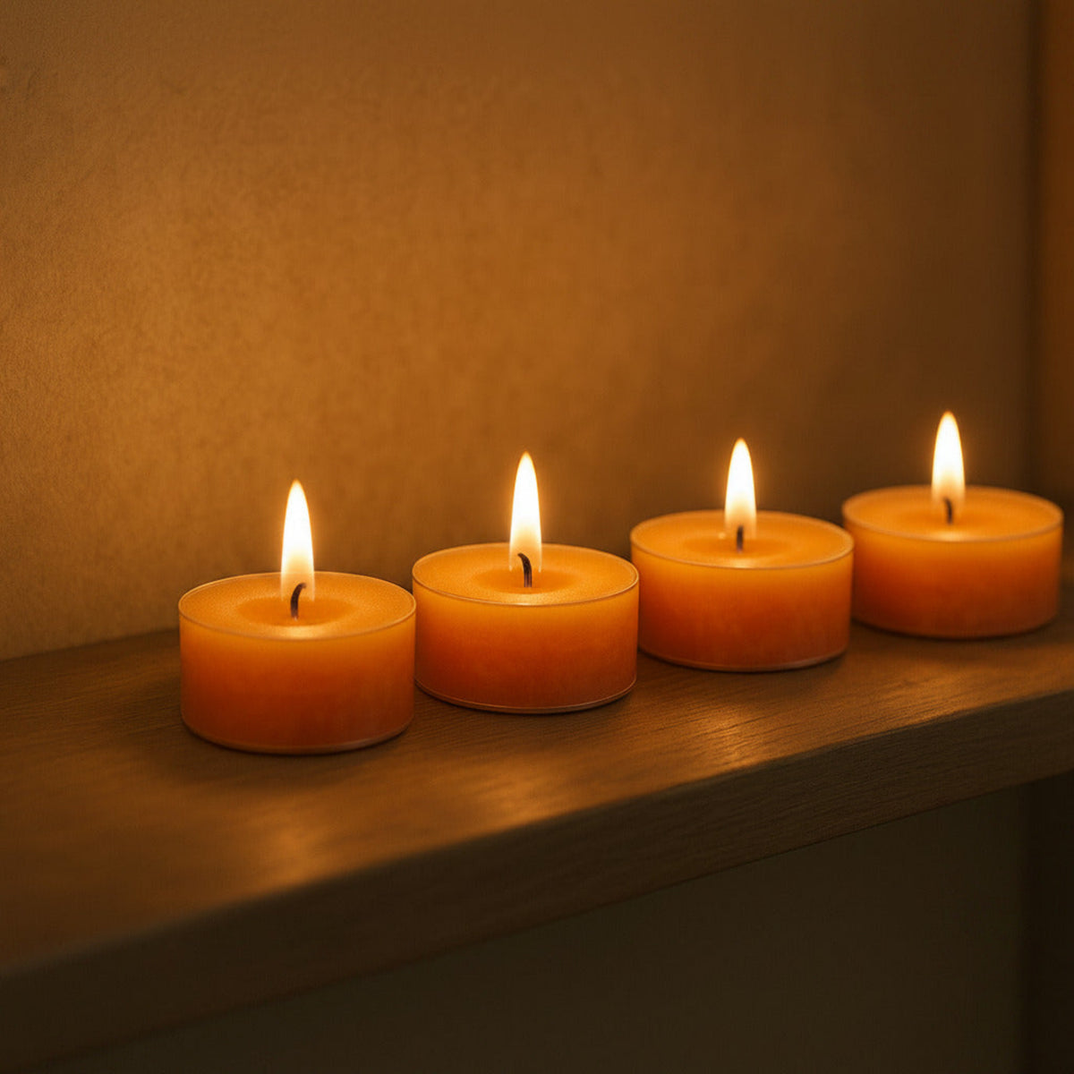 Four pleasantly lit LorJas Handmade lightly scented soy candles on wooden shelving with a warm ambient glow.