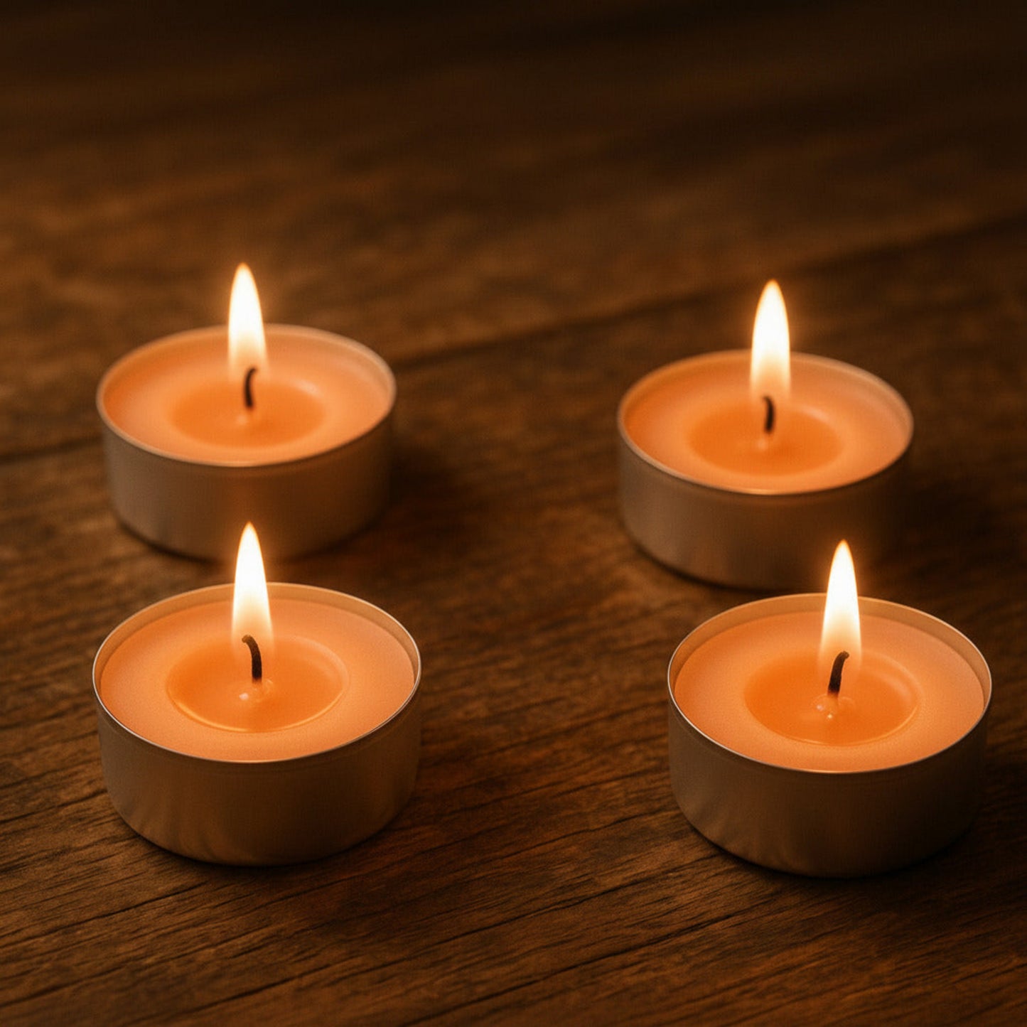 Four pleasantly lit peach Lor’Jas Handmade lightly scented tealights on a rustic woodgrain surface highlighted by the ambient light.