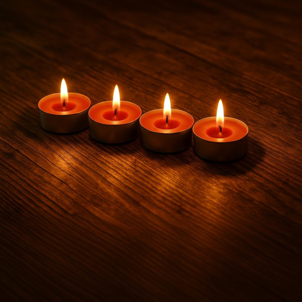 Four LorJas Handmade lightly scented red soy candles on a detailed woodgrain surface with pleasant glowing candlelight.