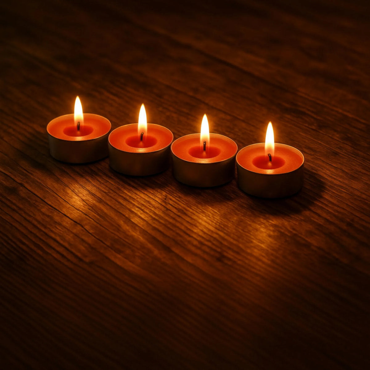 Four LorJas Handmade lightly scented red soy candles on a detailed woodgrain surface with pleasant glowing candlelight.