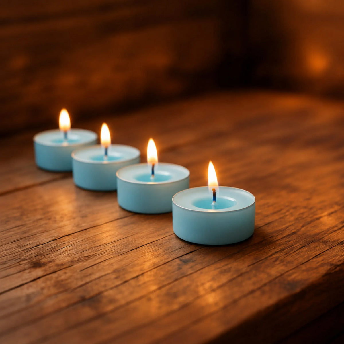 Four lit LorJas Handmade lightly scented soy sky blue tealights on a woodgrain surface with brand logo in bottom corner.