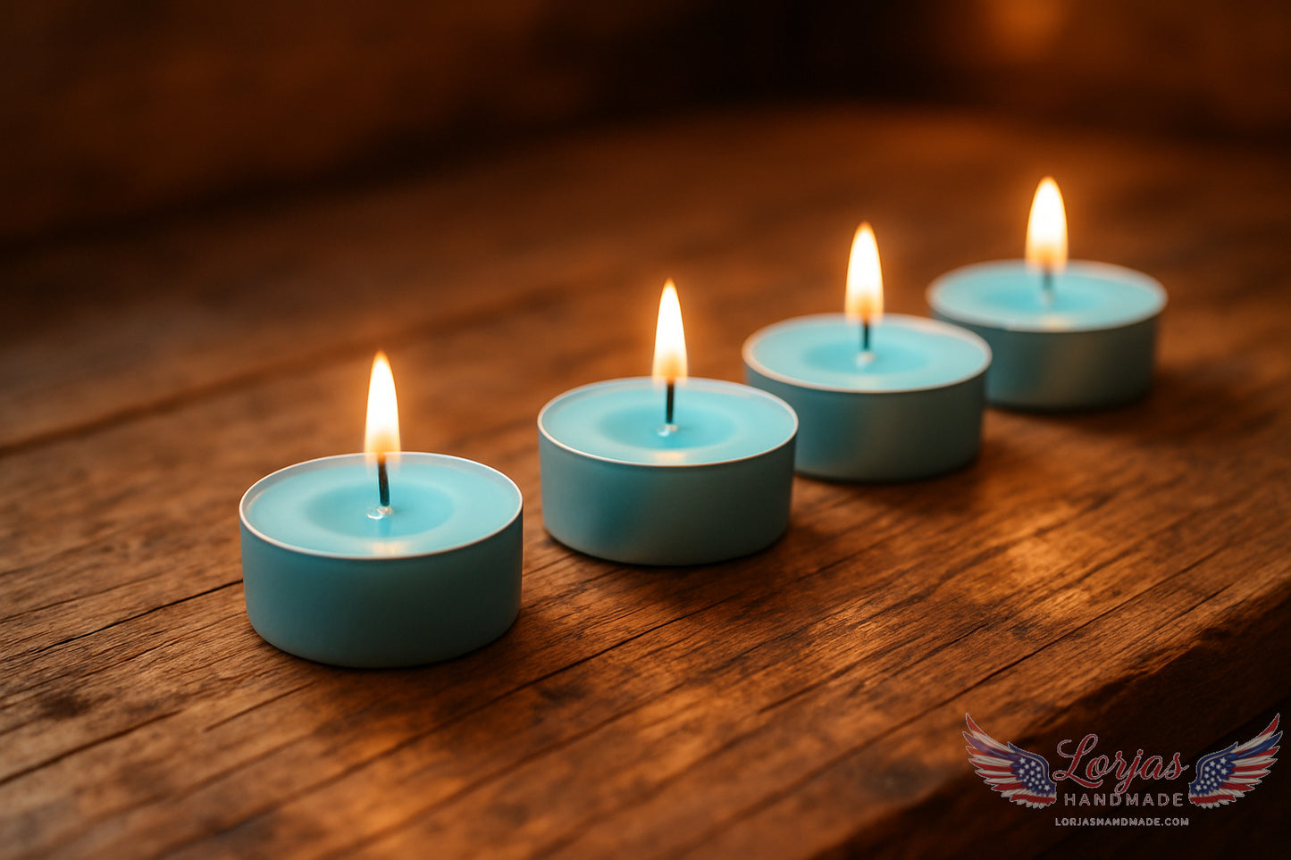 Four lit sky blue tealights on a woodgrain surface with 'LorJas Handmade' logo in bottom corner.