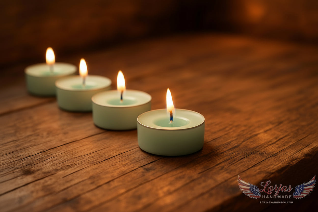 Four lit sky blue tealights on a woodgrain surface with 'LorJas Handmade' logo in bottom corner.
