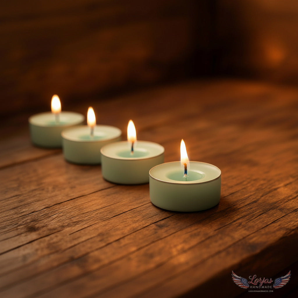 Four lit LorJas Handmade lightly scented soy sky blue tealights on a woodgrain surface with brand logo in bottom corner.