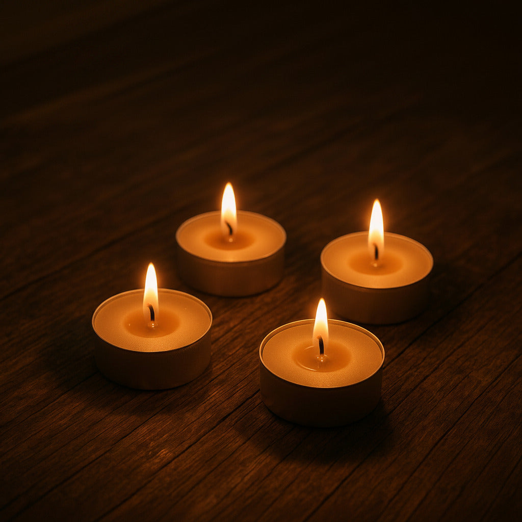 Four lit LorJas Handmade lightly scented soy tan colored tealights on a detailed woodgrain surface highlighted by the glowing candlelight.