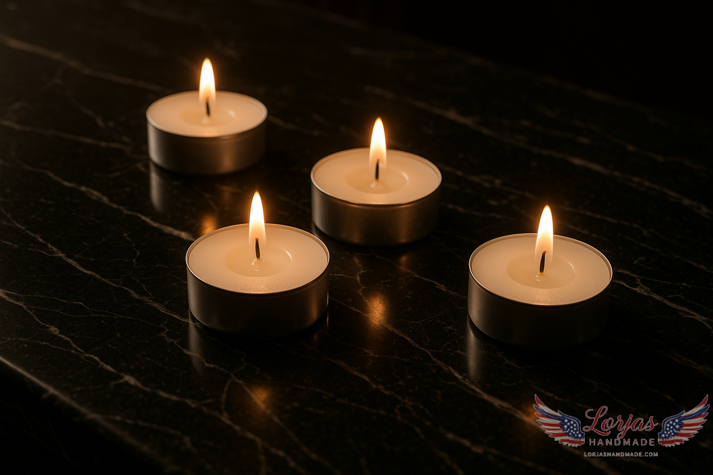 Four lit white tea lights on a black marble countertop with ambient lighting reflecting between them