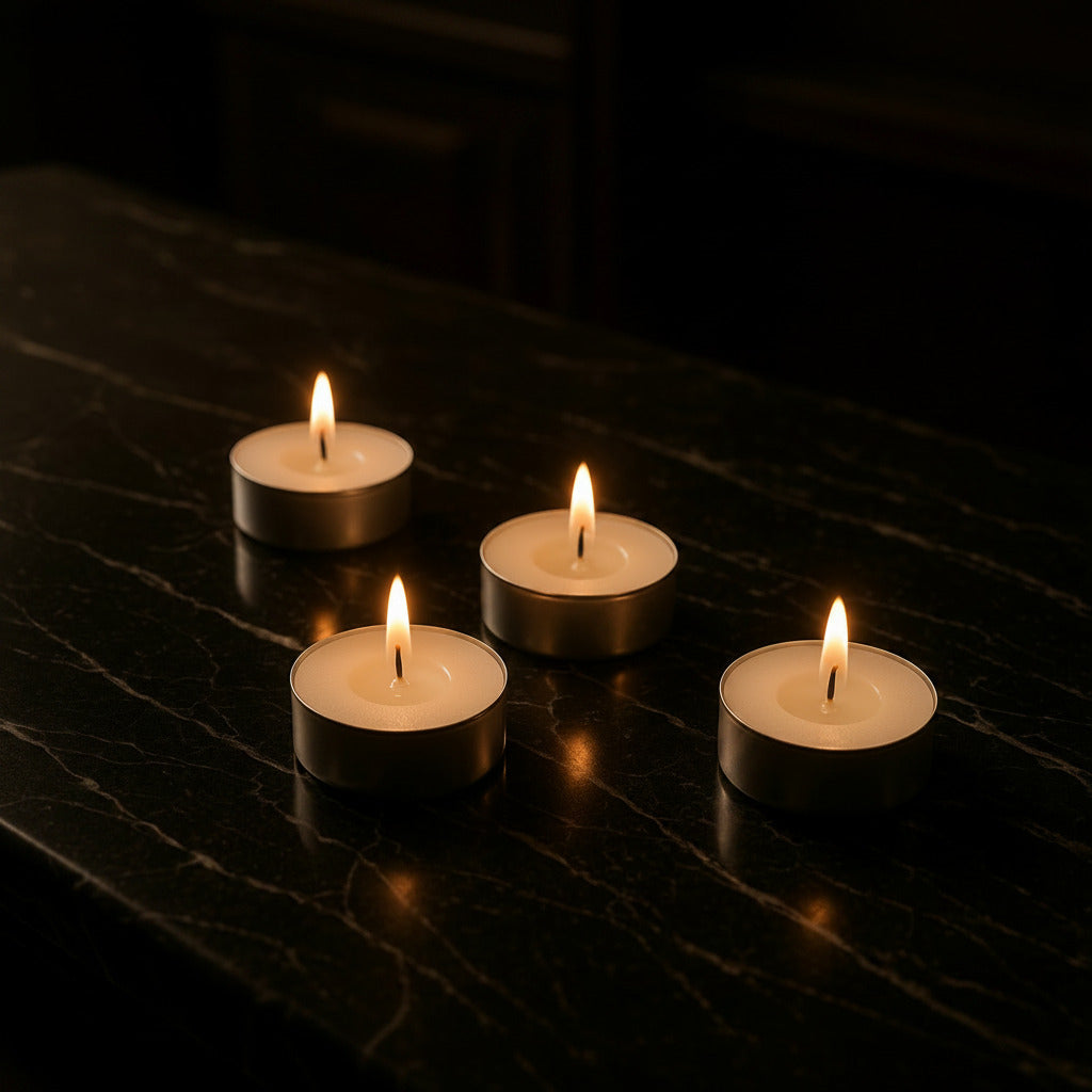 Four lit white LorJas Handmade lightly scented organic soy tea lights on a black marble countertop with ambient lighting reflecting between them.