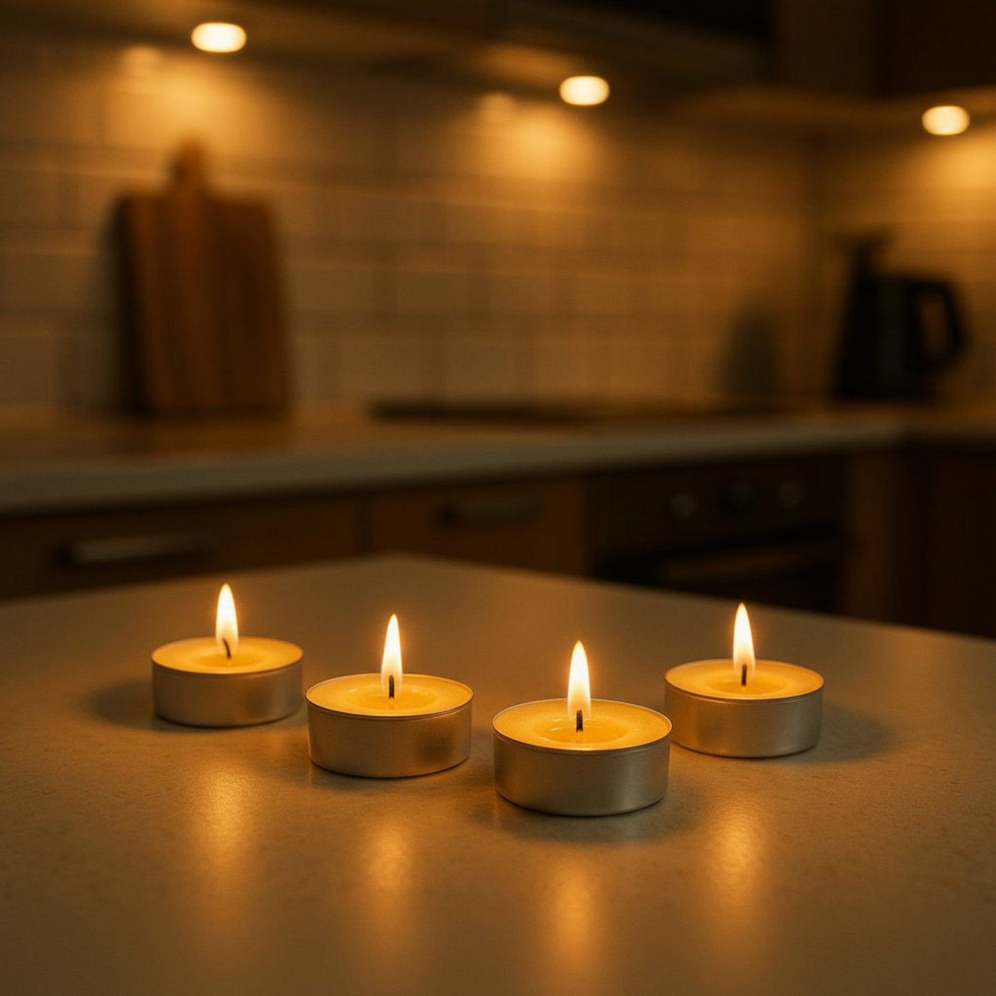 Four pleasantly lit yellow LorJas Handmade lightly scented soy tealights on counter providing ambient glow in kitchen setting.
