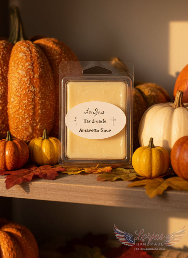 LorJas Handmade Amaretto Sour scented soy wax melt in clear labeled packaging with pumpkins and leaves on a shelf.