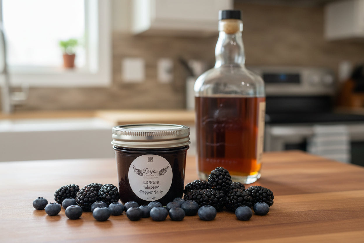 Jar of LorJas Handmade 'BBB Jalapeño' pepper jelly with a label on a blue surface with wooden background