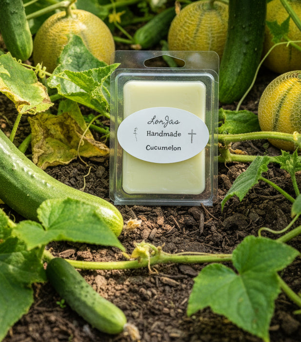 LorJas Handmade 'Cucumelon' scented organic soy wax melt in packaging surrounded by cucumber and melon vine plants outdoors