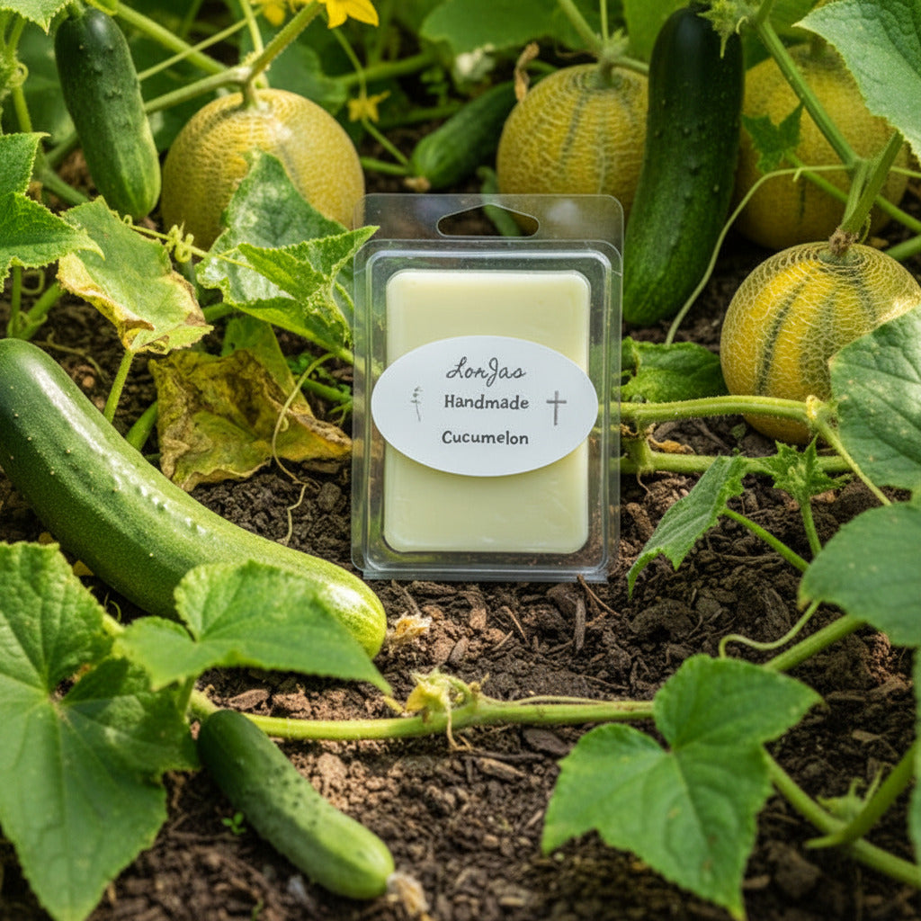 LorJas Handmade 'Cucumelon' scented organic soy wax melt in packaging surrounded by cucumber and melon vine plants outdoors