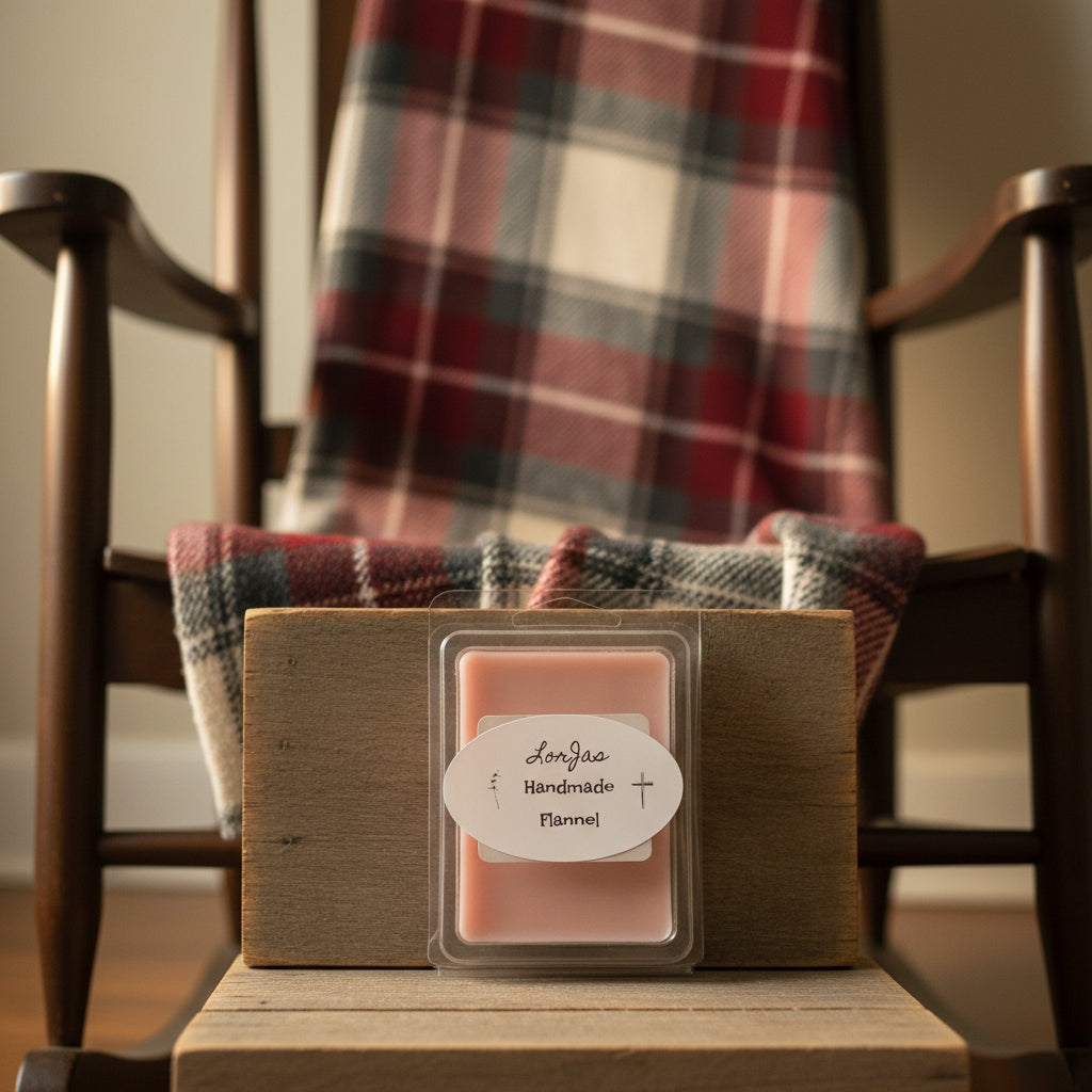 Four pink LorJas Handmade 'Flannel' scented organic soy wax melts in clear packaging on beige background.