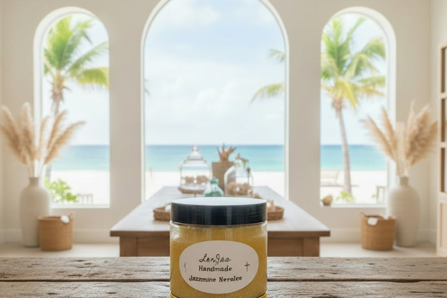 Jar of LorJas Handmade 'Jazzmine Nerolee' scented foamy whipped sugar scrub with a label on a colorful background