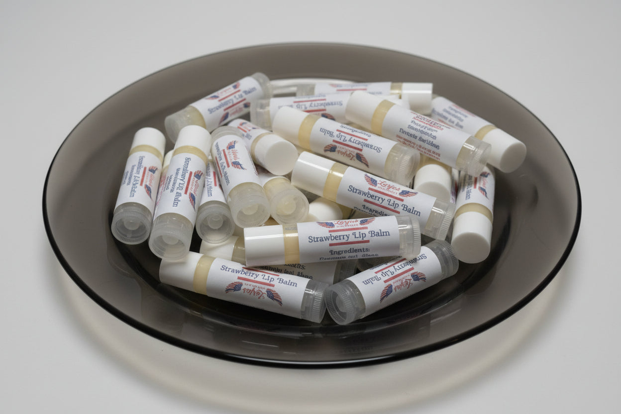 Strawberry lip balm with a LorJas Handmade label in a container.