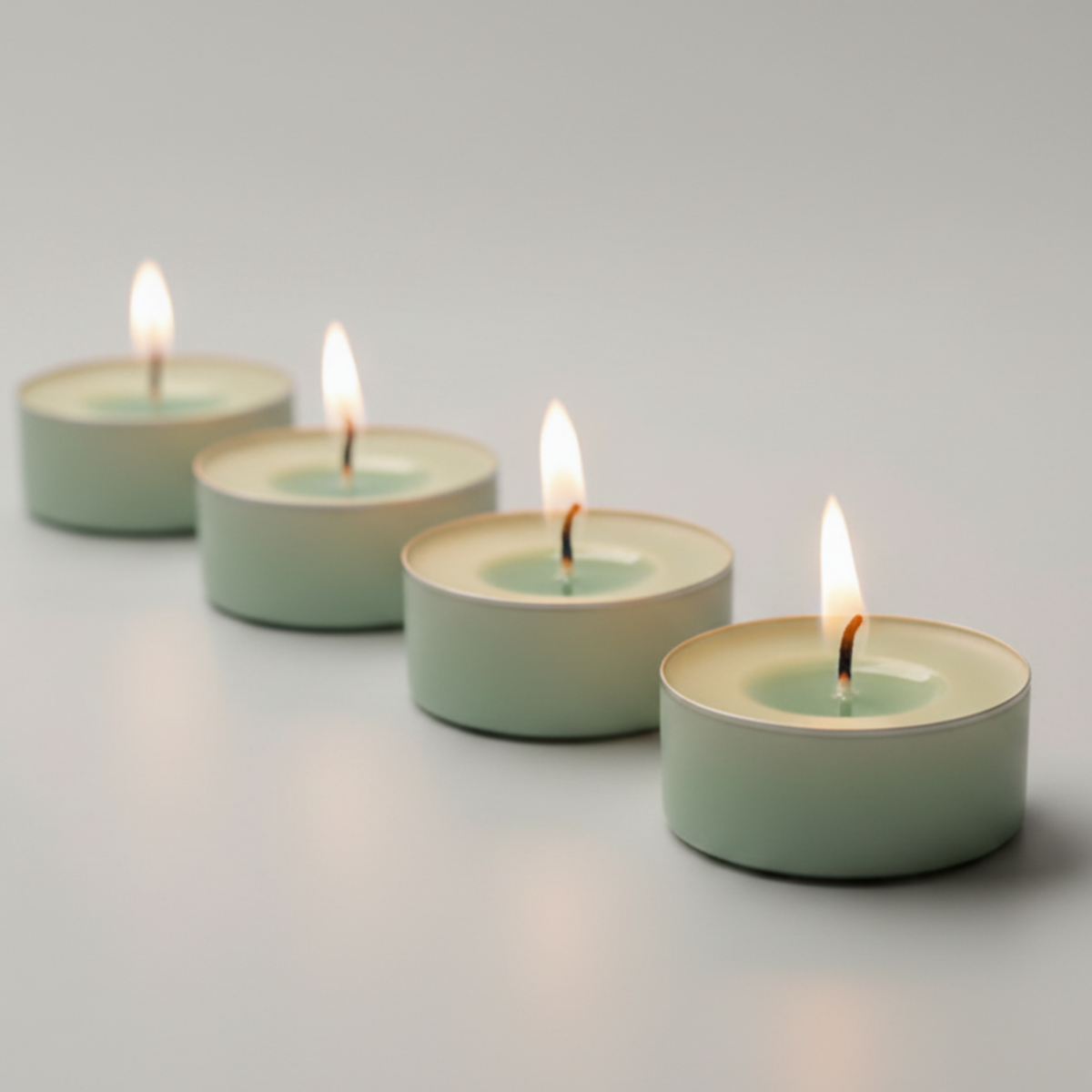 Four small tealight candles in pale mint green holders, arranged in a diagonal line with their flames lit, on a smooth light gray surface.