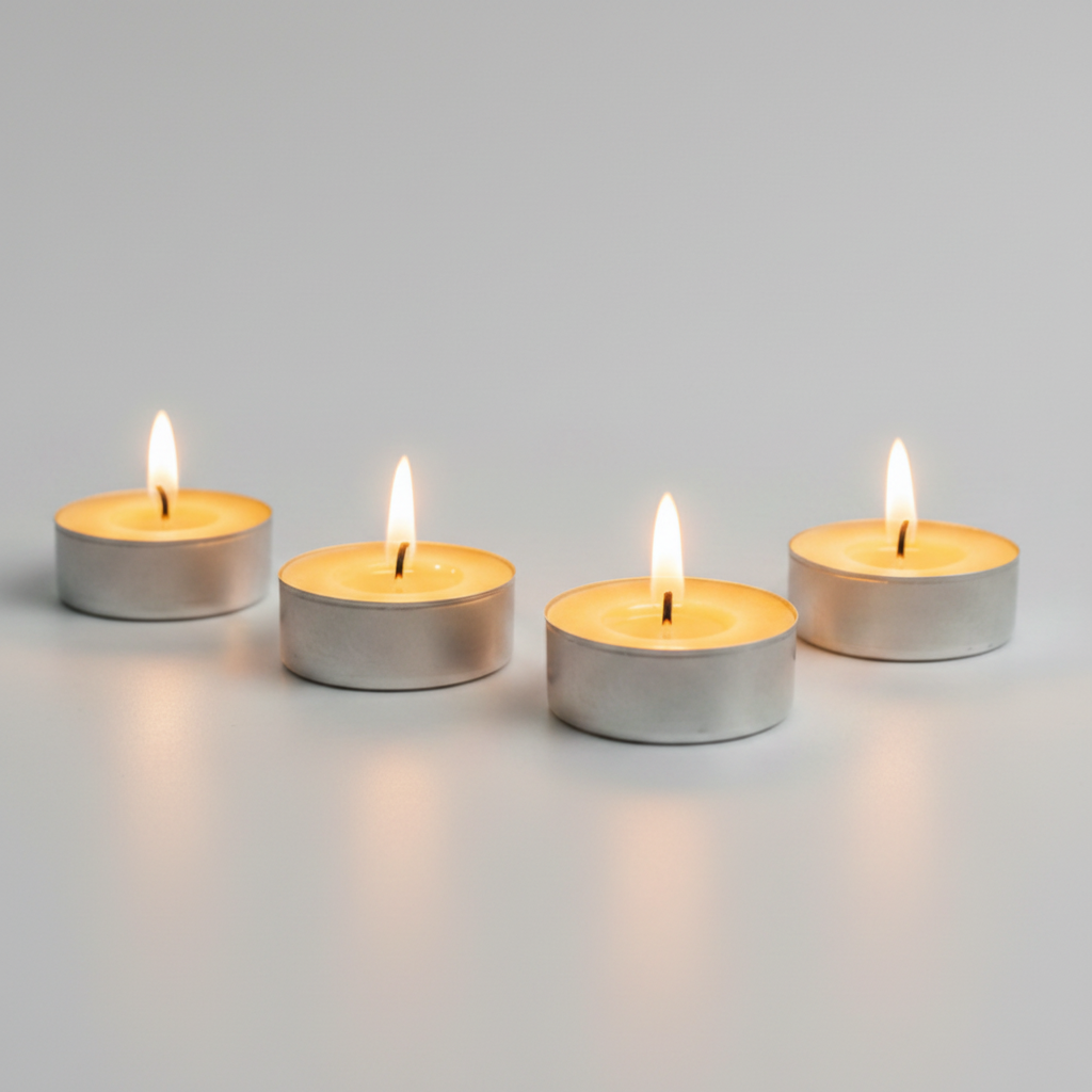 Four lit silver tea light candles arranged in a row on a light gray surface against a matching gray background.