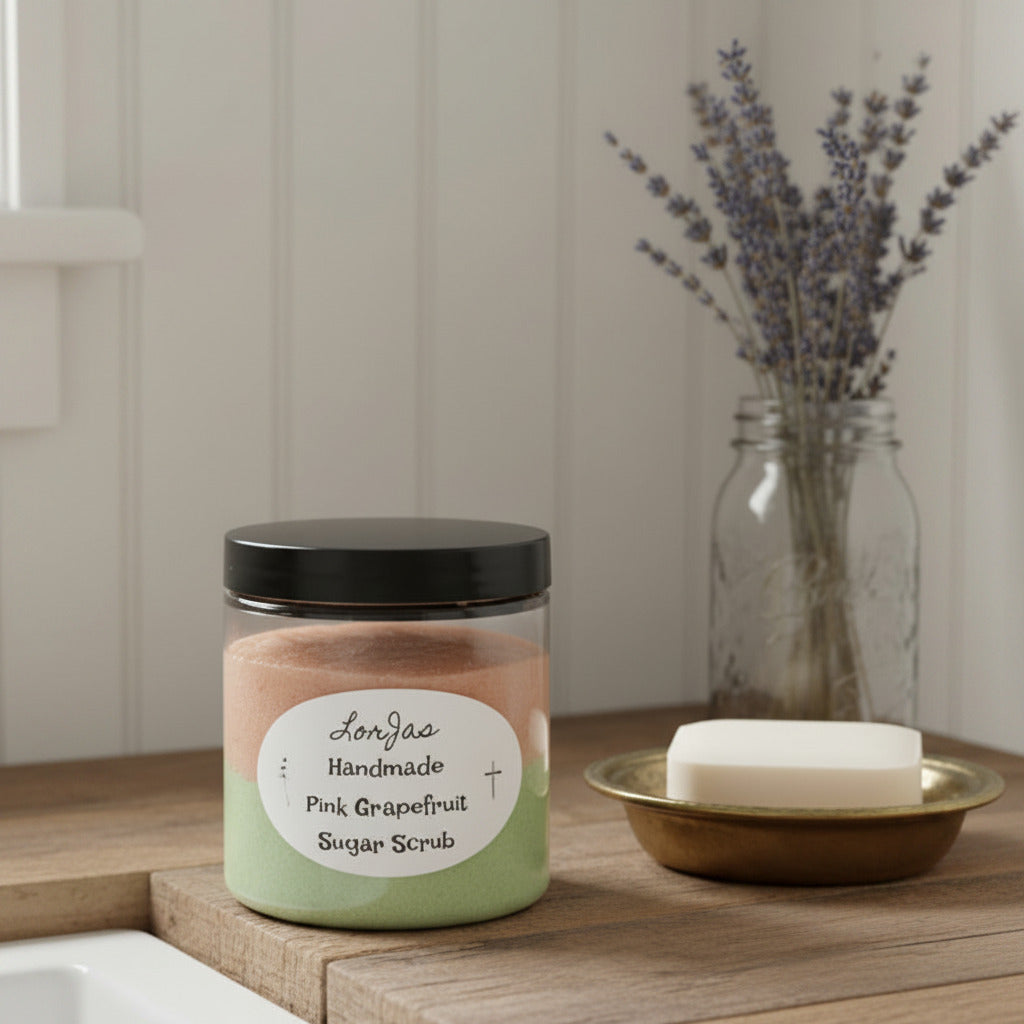 LorJas Handmade Pink Grapefruit lightly scented foamy whipped sugar scrub on a bathroom counter with bar soap and fresh lavender.
