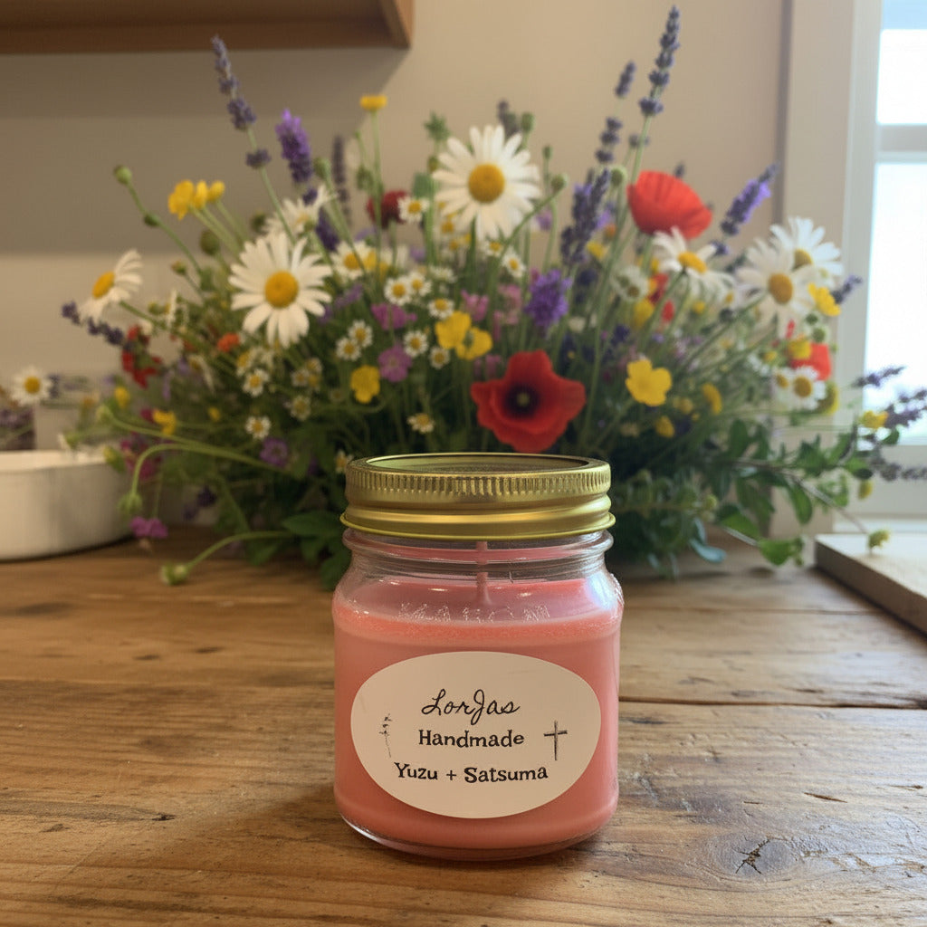 Pink LorJas Handmade Yuzu & Satsuma lightly scented soy candle on a wooden countertop with a bouquet of flowers in the background and a window letting natural daylight shine in.
