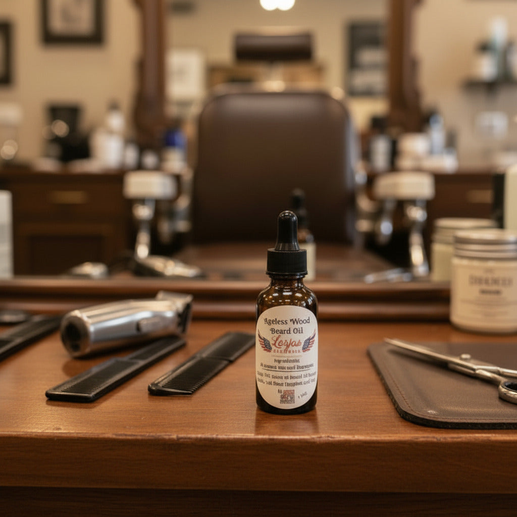 LorJas Handmade Ageless Wood lightly scented beard oil in a barbershop.