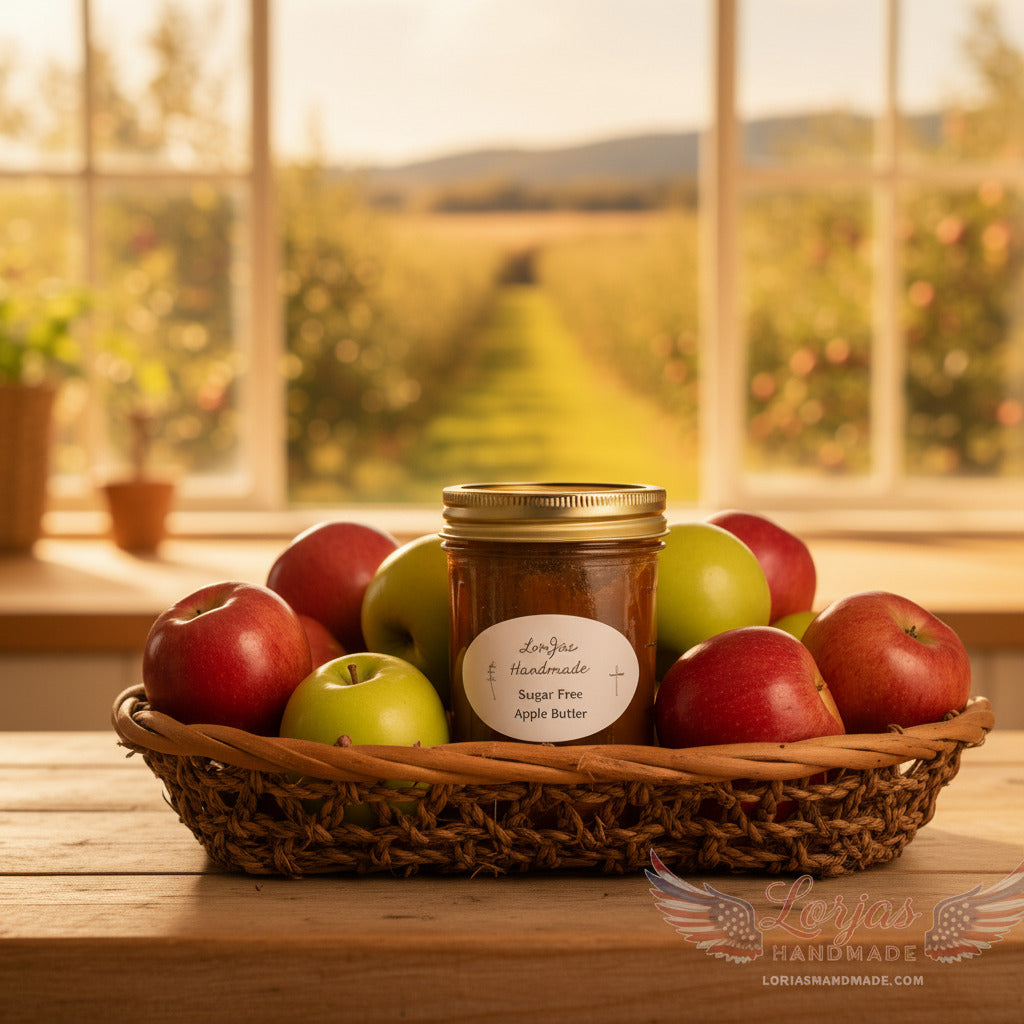 LorJas Handmade Sugar-Free Apple 100% organic whole fruit butter made with Stevia on a wooden counter with a basket of fresh apples and an apple orchard viewable through a window