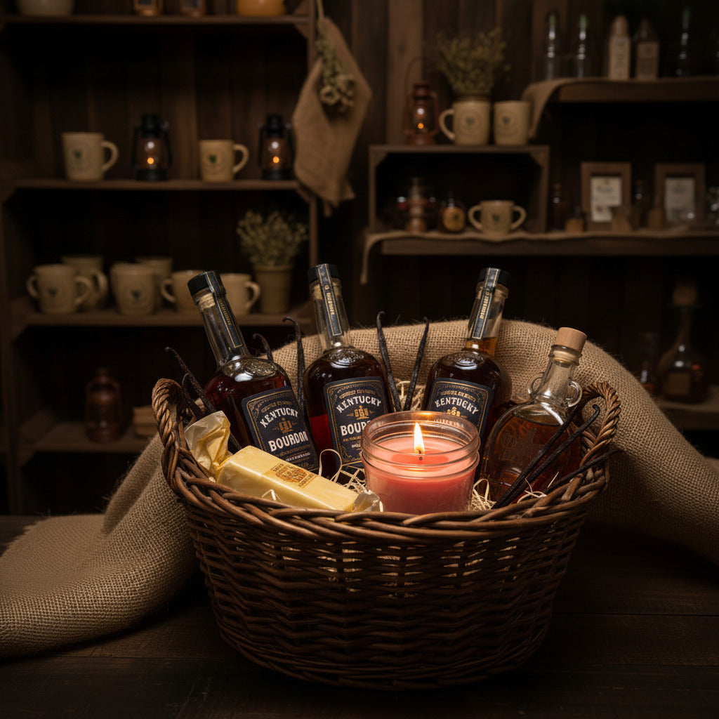 A pleasantly glowing LorJas Handmade Apples & Bourbon scented soy candle in a basket with bottles of Kentucky bourbon, ripe vanilla, and fresh-churned butter set against a rustic background