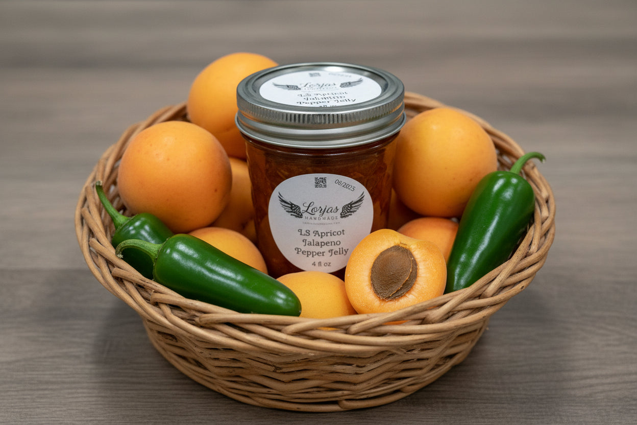 Jar of LorJas Handmade 'Apricot Jalapeño' pepper jelly with a metal lid on a wooden surface
