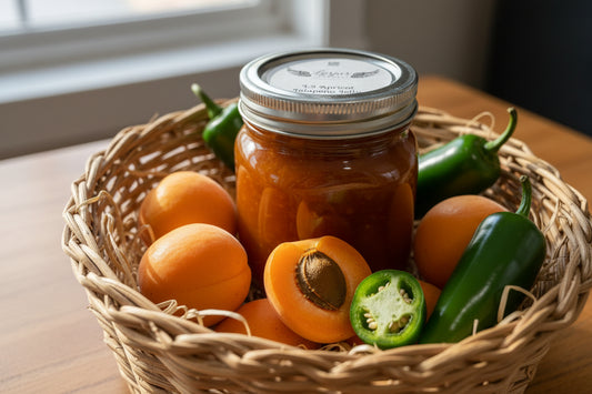 Jar of LorJas Handmade 'Apricot Jalapeño' pepper jelly at market on a wooden display box