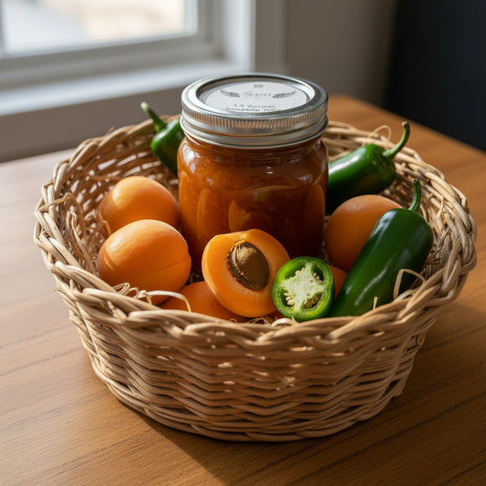 Jar of LorJas Handmade 'Apricot Jalapeño' pepper jelly at market on a wooden display box