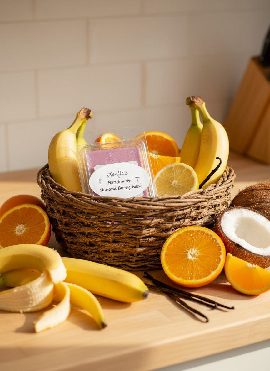 Organic soy scented melt 'LorJas Handmade Banana Berry Blitz' in basket with bananas, citrus, vanilla bean, and coconuts on countertop