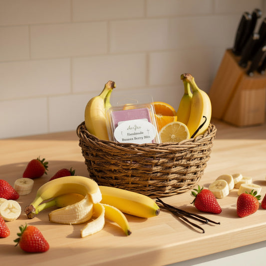 A branded LorJas Handmade Banana Berry Blitz scented soy wax melt in a basket with fresh oranges, bananas, strawberries and vanilla beans on a wooden countertop.