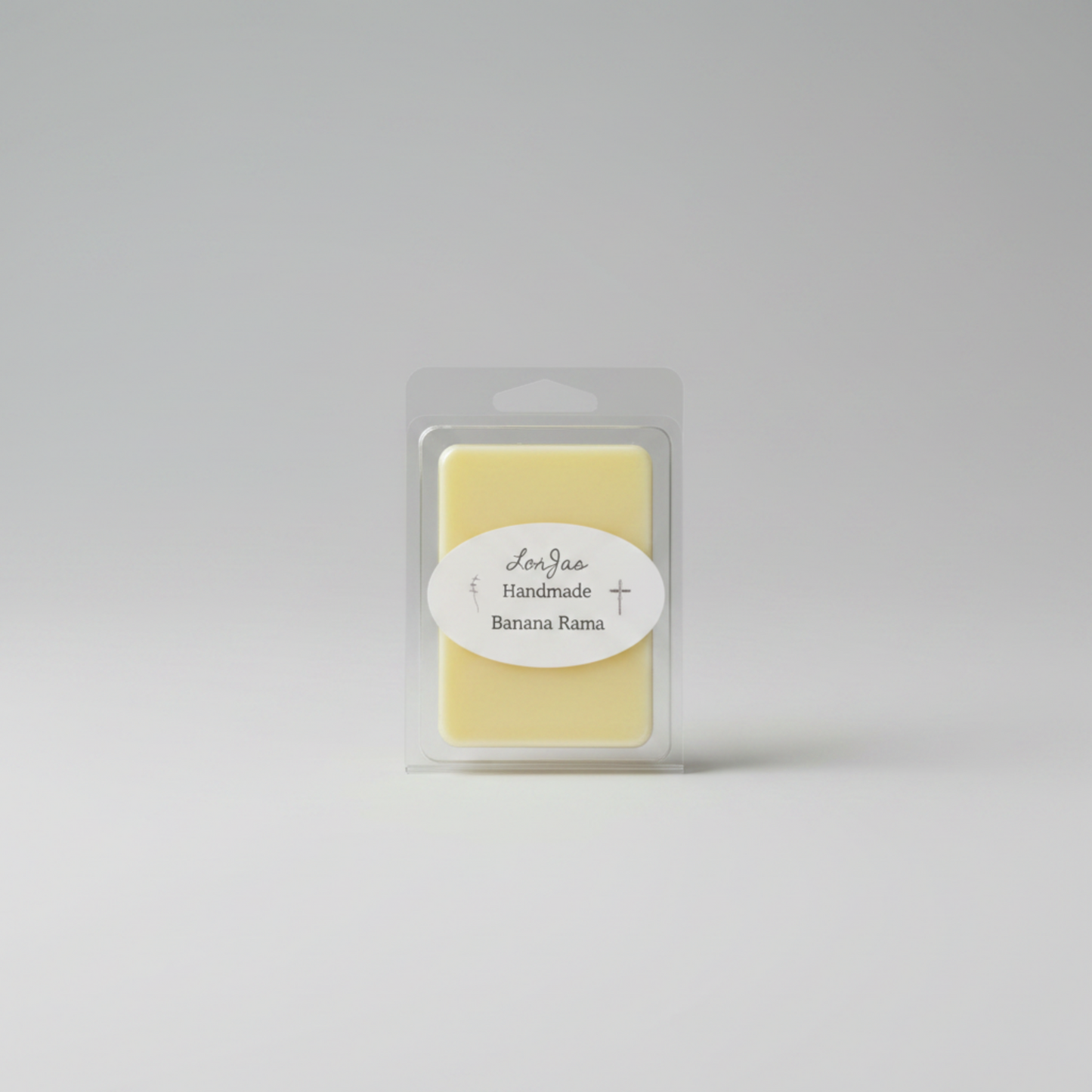 LorJas Handmade 'Banana Rama' scented soy wax melt in plastic clamshell packaging.