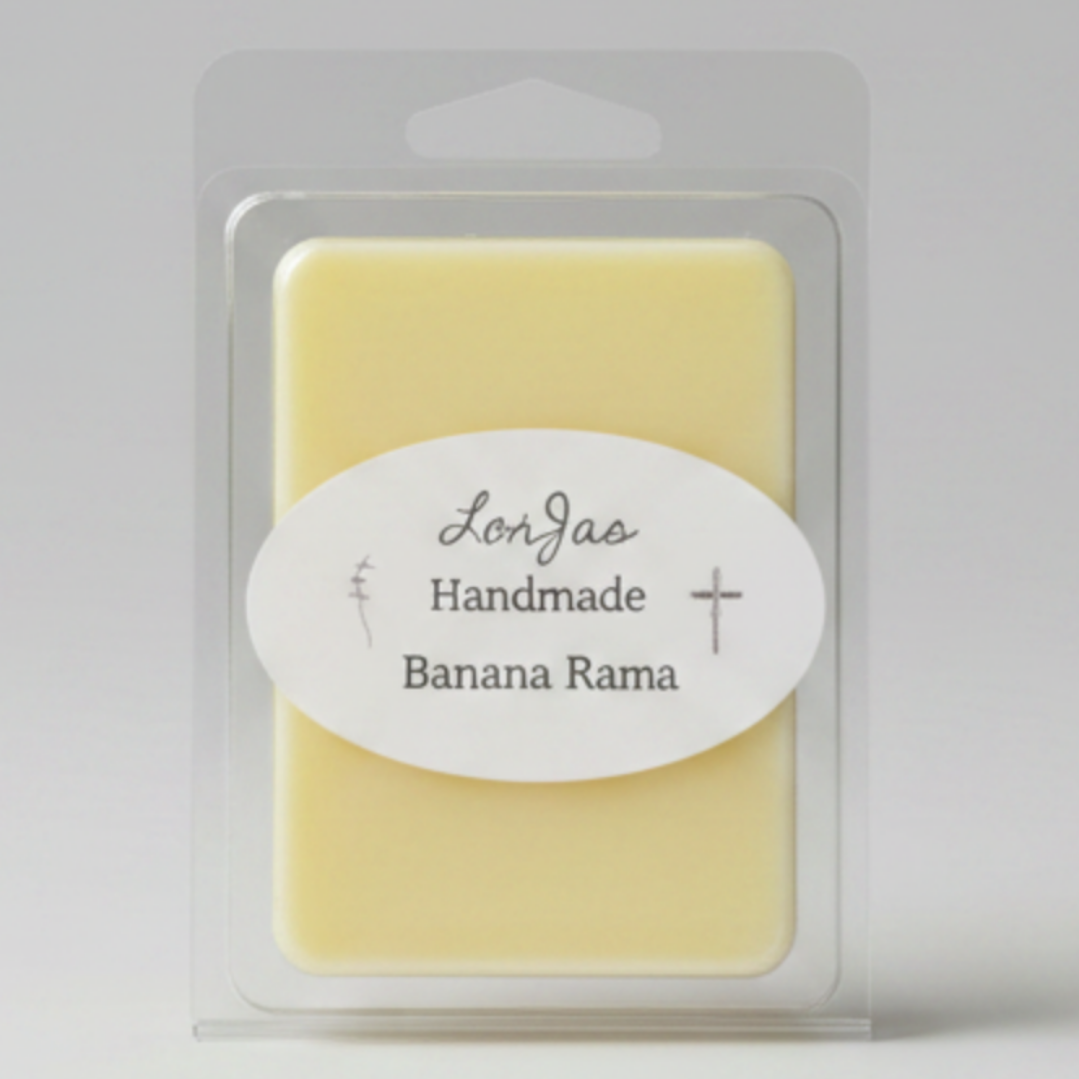 LorJas Handmade 'Banana Rama' scented soy wax melt in plastic clamshell packaging.