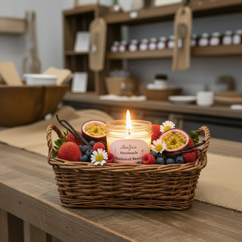 LorJas Handmade Bombshell lightly scented soy candle in a wicker basket with decorative fruits and flowers on a wooden surface.