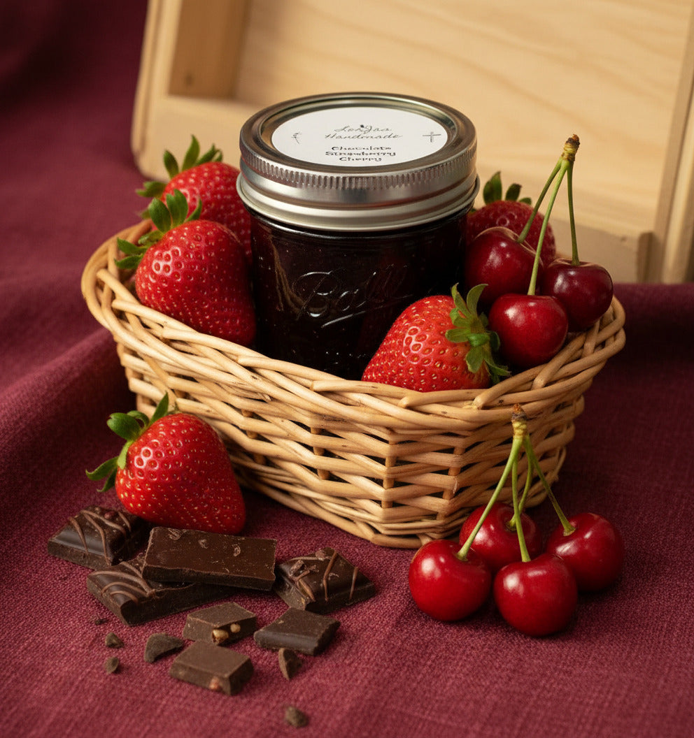 Jar of chocolate strawberry cherry jam with a 'LorJas Handmade' label in a basket with fresh-picked strawberries and cherries with chocolate.