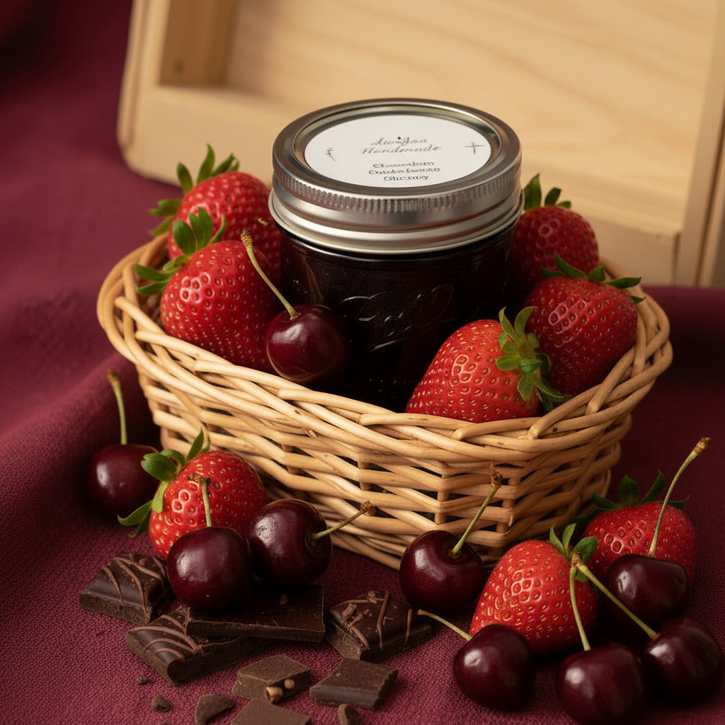 LorJas Handmade Chocolate Strawberry Cherry jam with fresh strawberries and cherries in a woven basket on a red fabric background.