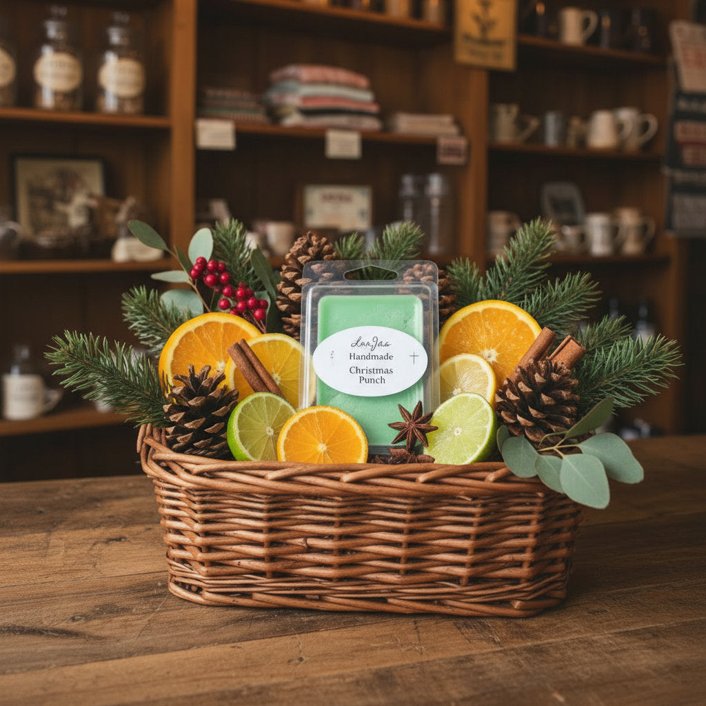 LorJas Handmade Christmas Punch lightly scented soy wax melt in a wicker basket with fresh citrus, spices, maple, musk and pine on display in an old-fashioned country mercantile.