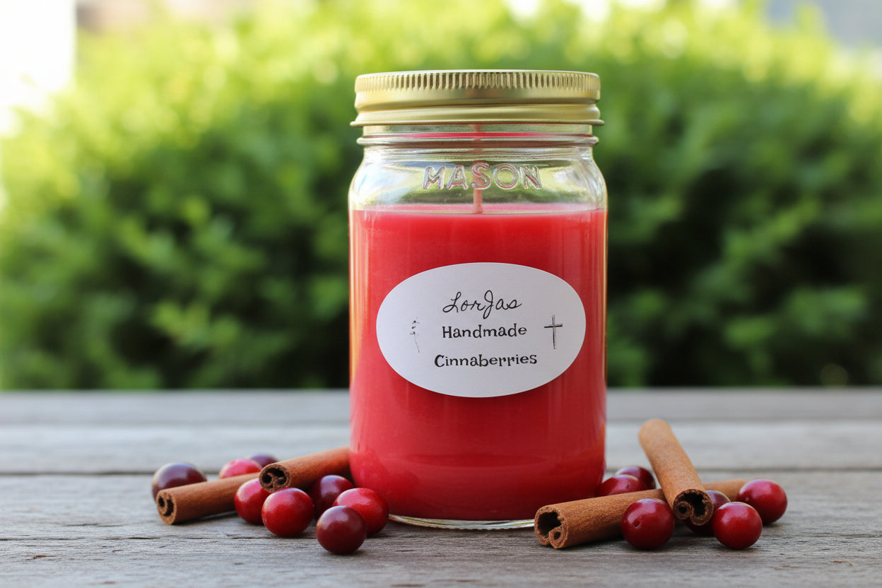 16 ounce mason with a gold watertight lid labeled 'LorJas Handmade Cinnaberries' on a red fabric background