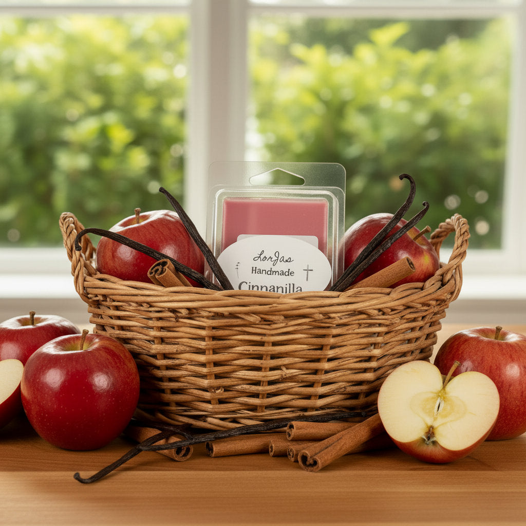 LorJas Handmade Cinnanilla lightly scented soy melt in a wicker basket with fresh apples, cinnamon sticks, and vanilla beans on a wooden surface with a window backdrop.
