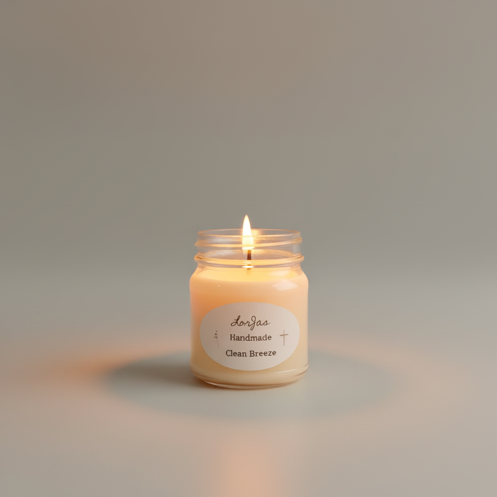 A lit candle in a clear glass jar with a cream-colored wax and a white oval label that reads 'Lor'Jas Handmade Clean Breeze', set against a solid neutral gray background.