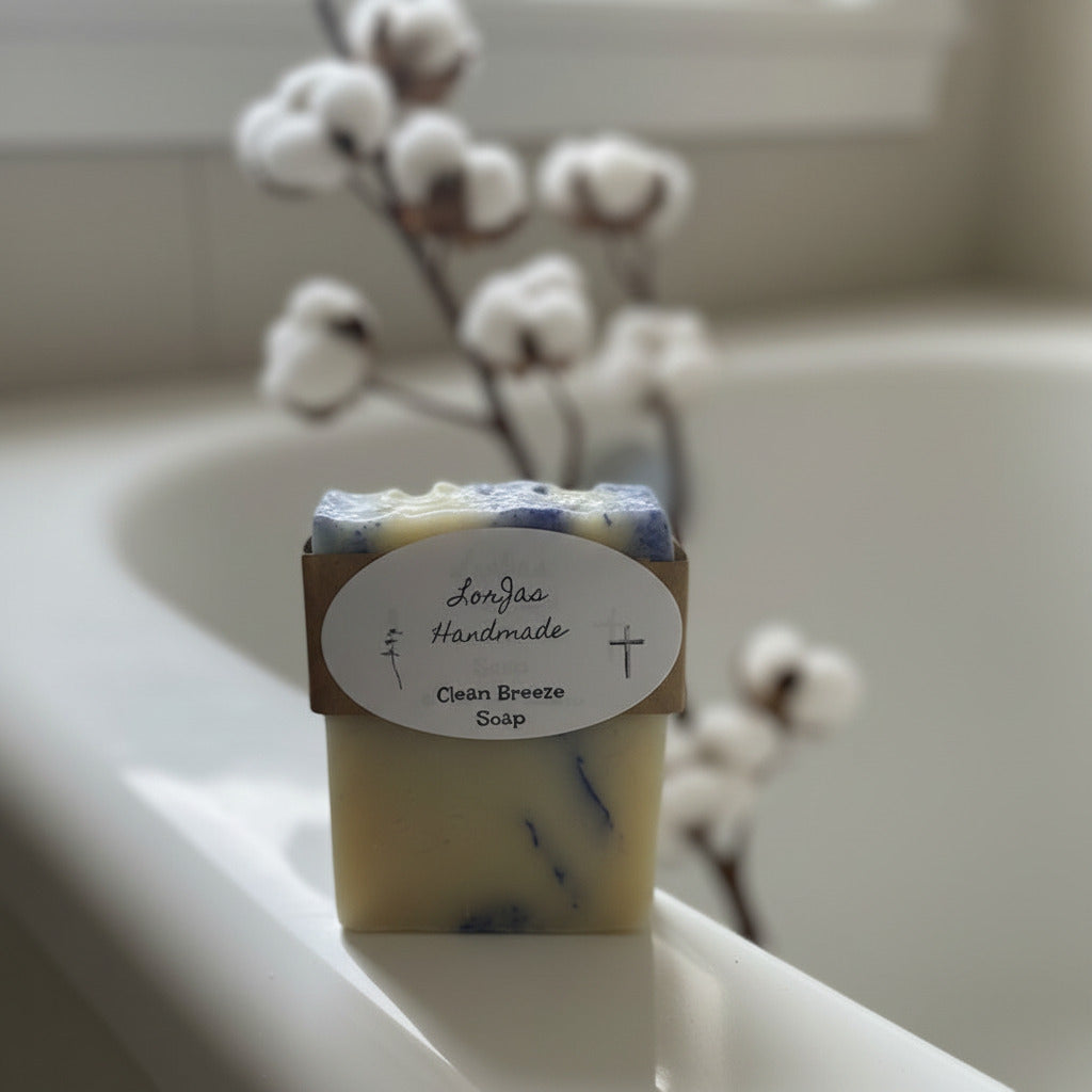 LorJas Handmade Clean Breeze lightly scented Castile soap sitting on the side of antique standing tub with blurred stem of a cotton plant in the background.