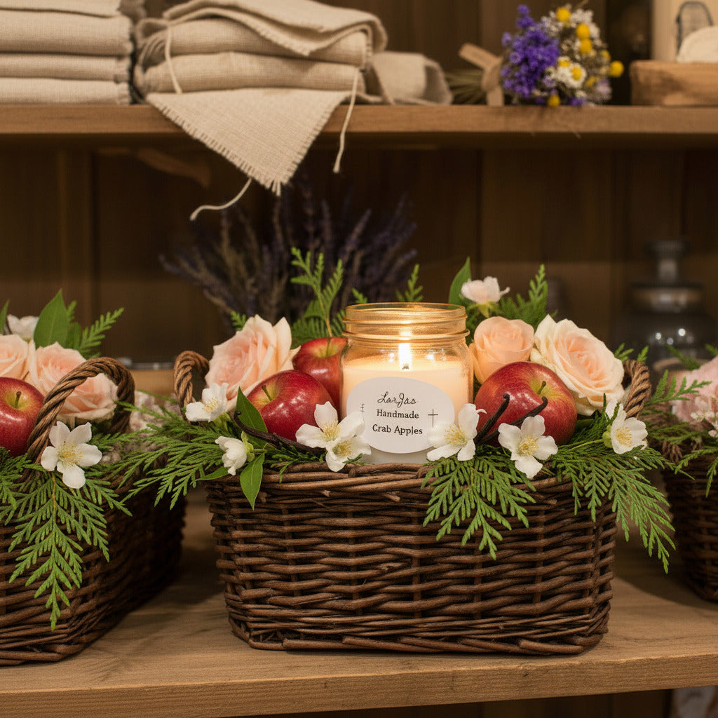 LorJas Handmade Crab Apples lightly scented soy candle in a wicker basket with fresh cedar, apples, vanilla beans, musk, camphor, and rose blossoms on a shelf in a mercantile.